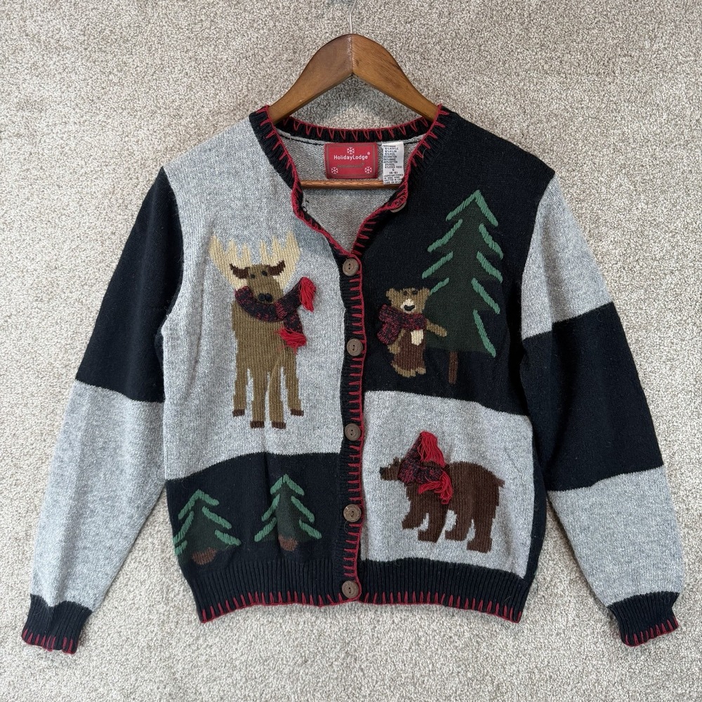 Holiday Lodge Christmas Knit Sweater Grannycore Cottage Rustic Animals Sz Small
